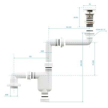 Aqua Bagno Comfort yer kazandıran lavabo sifonu +  Pop-up Sifon, Beyaz Seramik Başlıklı ,Taşma Delikli,  (1 -1/4)