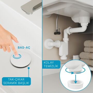 Aqua Bagno Comfort yer kazandıran lavabo sifonu +  Pop-up Sifon, Beyaz Seramik Başlıklı ,Taşma Deliksiz,  (1 -1/4)