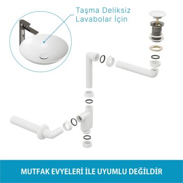 Aqua Bagno Comfort yer kazandıran lavabo sifonu +  Pop-up Sifon, Beyaz Seramik Başlıklı ,Taşma Deliksiz,  (1 -1/4)