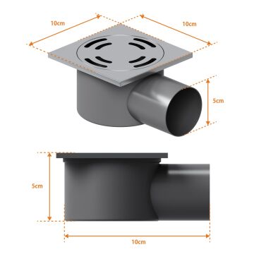 Aqua Bagno Basic 1.0 Yer Sifonu  10x10 cm. Metal Paslanmaz Kapaklı-304 ,50 lık, Yandan Çıkış