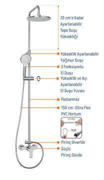 Adell Lento  Rain Duş Sistemi Krom  - Duş Bataryası Dahil