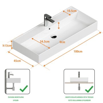 Aqua Bagno Plan Tezgah Üstü Kare Lavabo , 100 x 45 cm. ,Beyaz