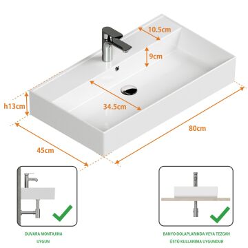 Aqua Bagno Plan Tezgah Üstü Kare Lavabo , 80 x 45 cm., Beyaz
