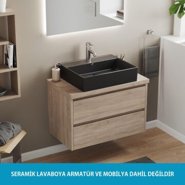 Aqua Bagno Plan Tezgah Üstü Kare Lavabo , 55x45 cm.   Mat Siyah