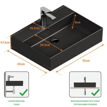 Aqua Bagno Plan Tezgah Üstü Kare Lavabo , 55x45 cm.   Mat Siyah