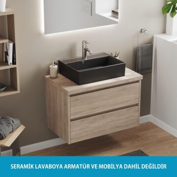 Aqua Bagno Plan Tezgah Üstü Kare Çanak  Lavabo , 50x38 cm.  Mat Siyah
