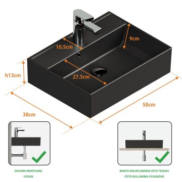 Aqua Bagno Plan Tezgah Üstü Kare Çanak  Lavabo , 50x38 cm.  Mat Siyah