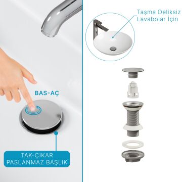 Aqua Bagno Smart Taşma Deliksiz Pop-up Sifon , Parlak Krom  Başlıklı , (1 -1/4)
