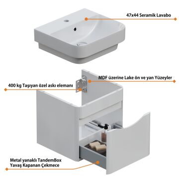 Aqua Bagno Piccolo 2.0 Alt Dolap  48 cm. Parlak Beyaz -Lavabo dahil