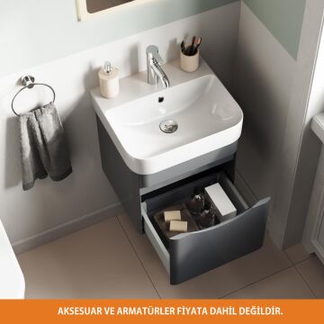 Aqua Bagno Piccolo 2.0 Alt Dolap 57 cm. Antrasit Gri Parlak-Lavabo dahil