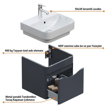 Aqua Bagno Piccolo 2.0 Alt Dolap 57 cm. Antrasit Gri Parlak-Lavabo dahil